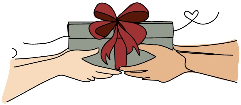 Two hands passing a gift wrapped with a red bow